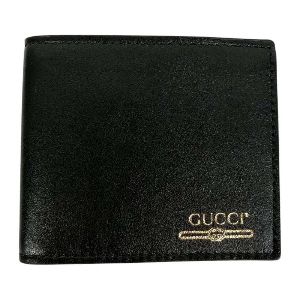 Gucci Gold Logo Leather Bi-fold Wallet Black Men 547585